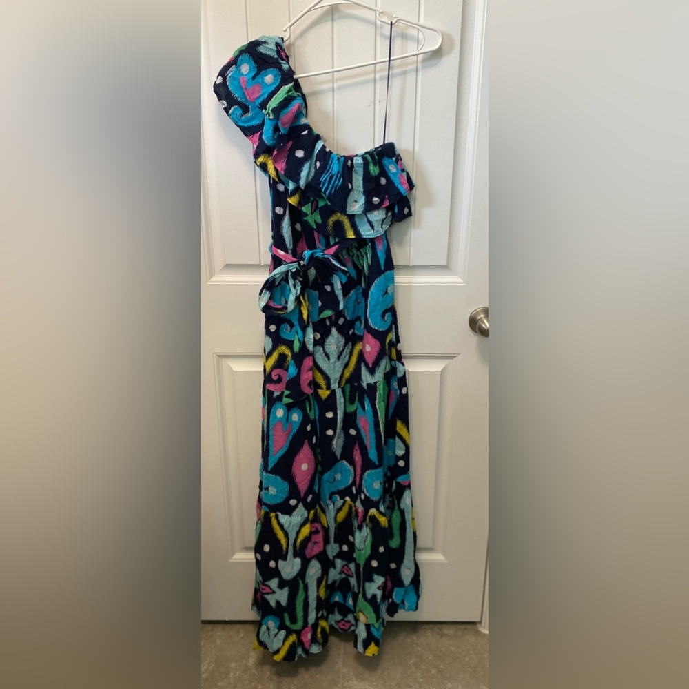 Crown & Ivy one shoulder ruffled maxi dress. Size Medium. Dark floral.
